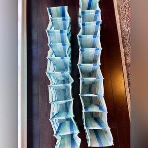 Two hanging Fabric Shoe Organizers in Blue & Green Stripe